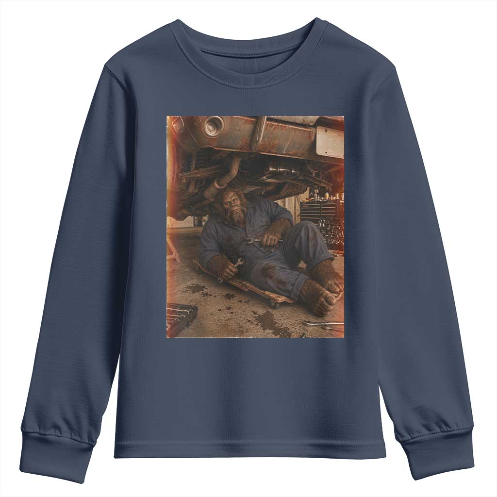 Bigfoot Mechanic Meme Youth Sweatshirt Funny Sasquatch Fixing Cars TS12 Navy Print Your Wear