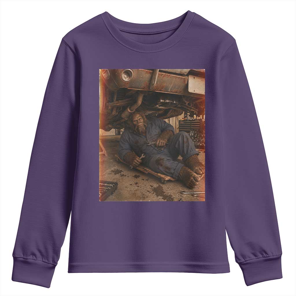 Bigfoot Mechanic Meme Youth Sweatshirt Funny Sasquatch Fixing Cars TS12 Purple Print Your Wear