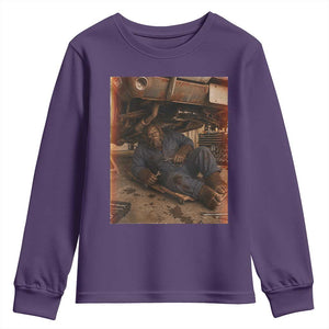 Bigfoot Mechanic Meme Youth Sweatshirt Funny Sasquatch Fixing Cars TS12 Purple Print Your Wear