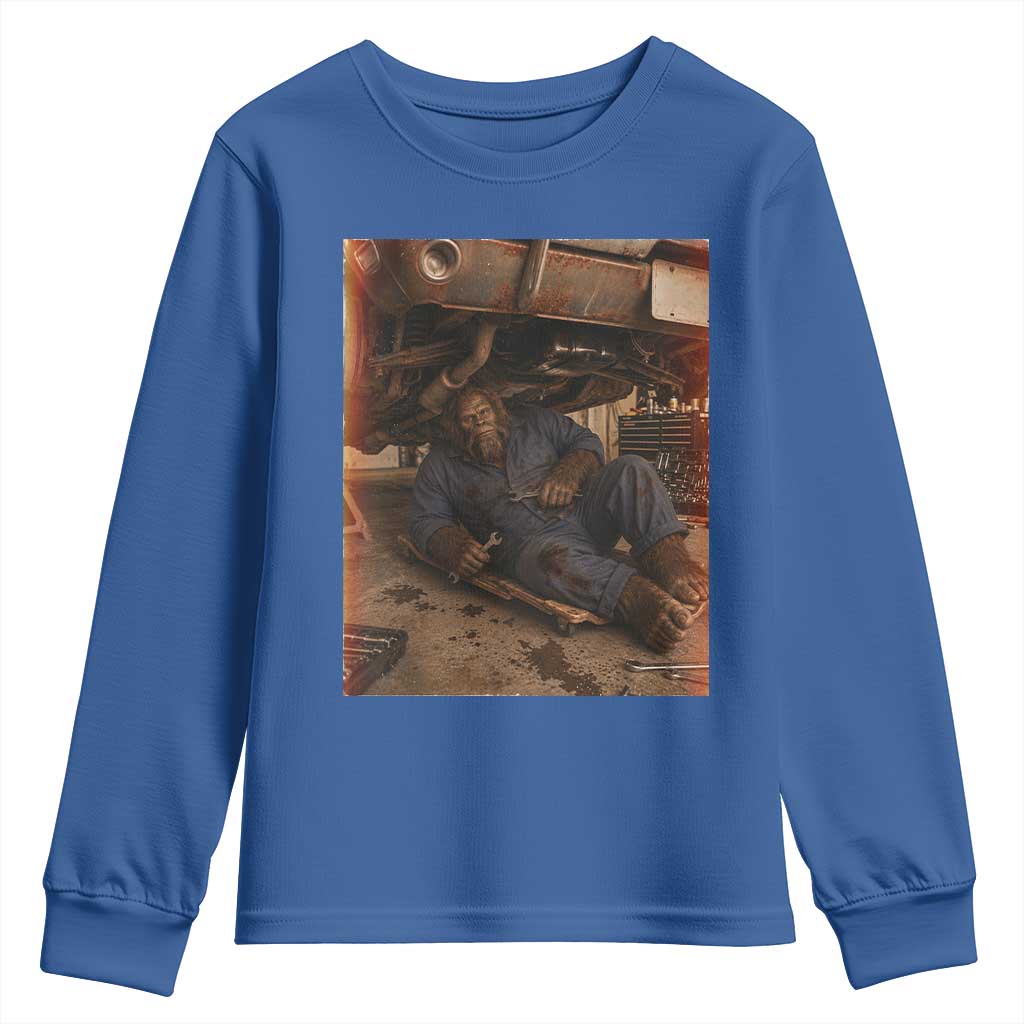 Bigfoot Mechanic Meme Youth Sweatshirt Funny Sasquatch Fixing Cars TS12 Royal Blue Print Your Wear