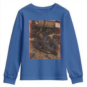 Bigfoot Mechanic Meme Youth Sweatshirt Funny Sasquatch Fixing Cars TS12 Royal Blue Print Your Wear