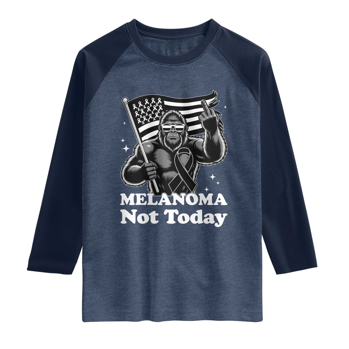 Bigfoot Black Ribbon Raglan Shirt Not Today Melanoma Awareness Gift TS12 Heather Denim Navy Print Your Wear