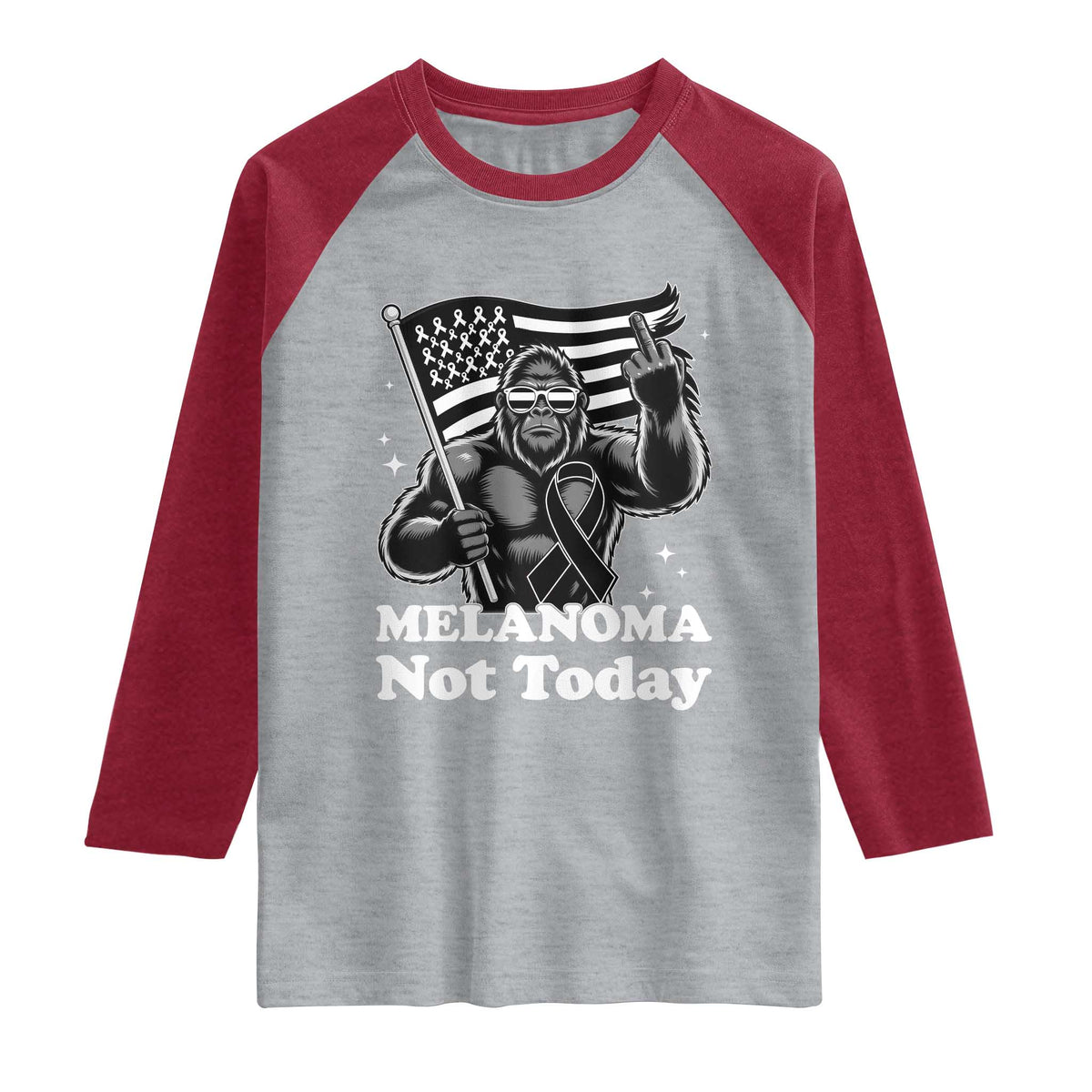 Bigfoot Black Ribbon Raglan Shirt Not Today Melanoma Awareness Gift TS12 Heather Gray Heather Red Print Your Wear