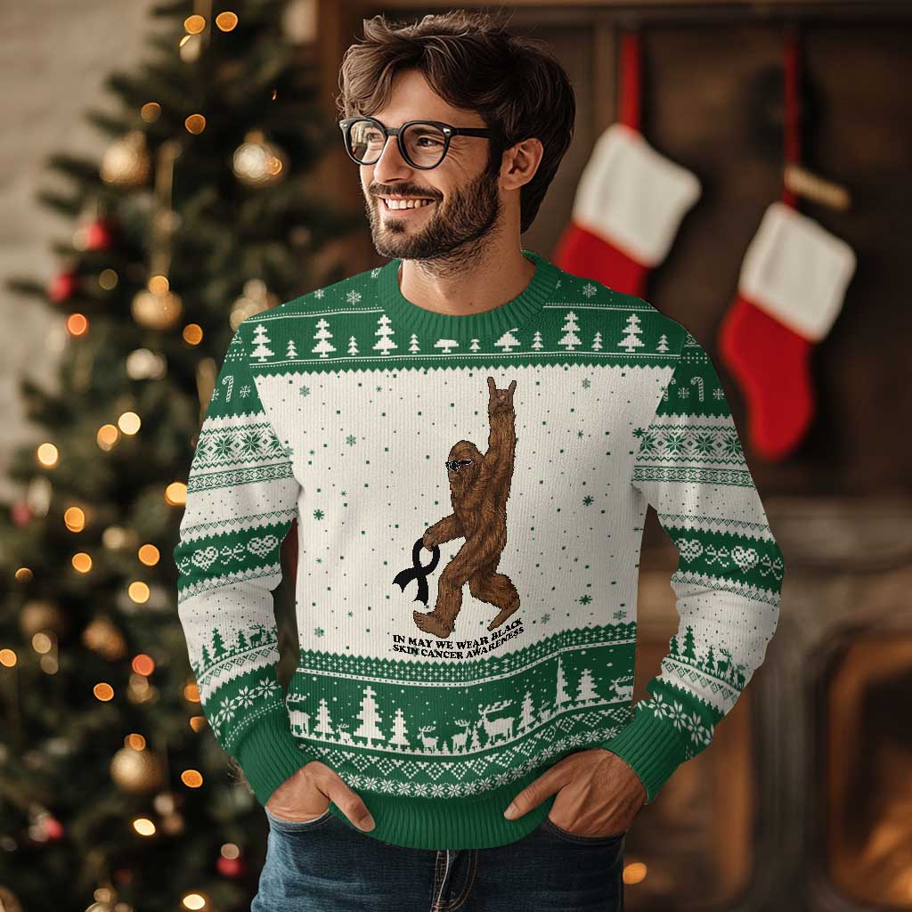 Funny Bigfoot Skin Cancer Support Ugly Christmas Sweater In May We Wear Black TS12 Beige Green Print Your Wear