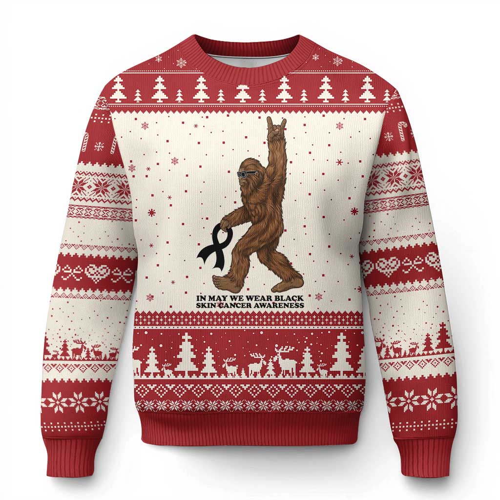 Funny Bigfoot Skin Cancer Support Ugly Christmas Sweater In May We Wear Black TS12 Beige Red Print Your Wear