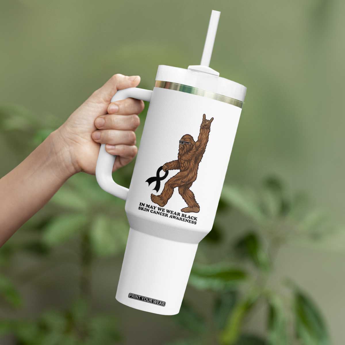 Funny Bigfoot Skin Cancer Support Tumbler With Handle In May We Wear Black TS12 Print Your Wear