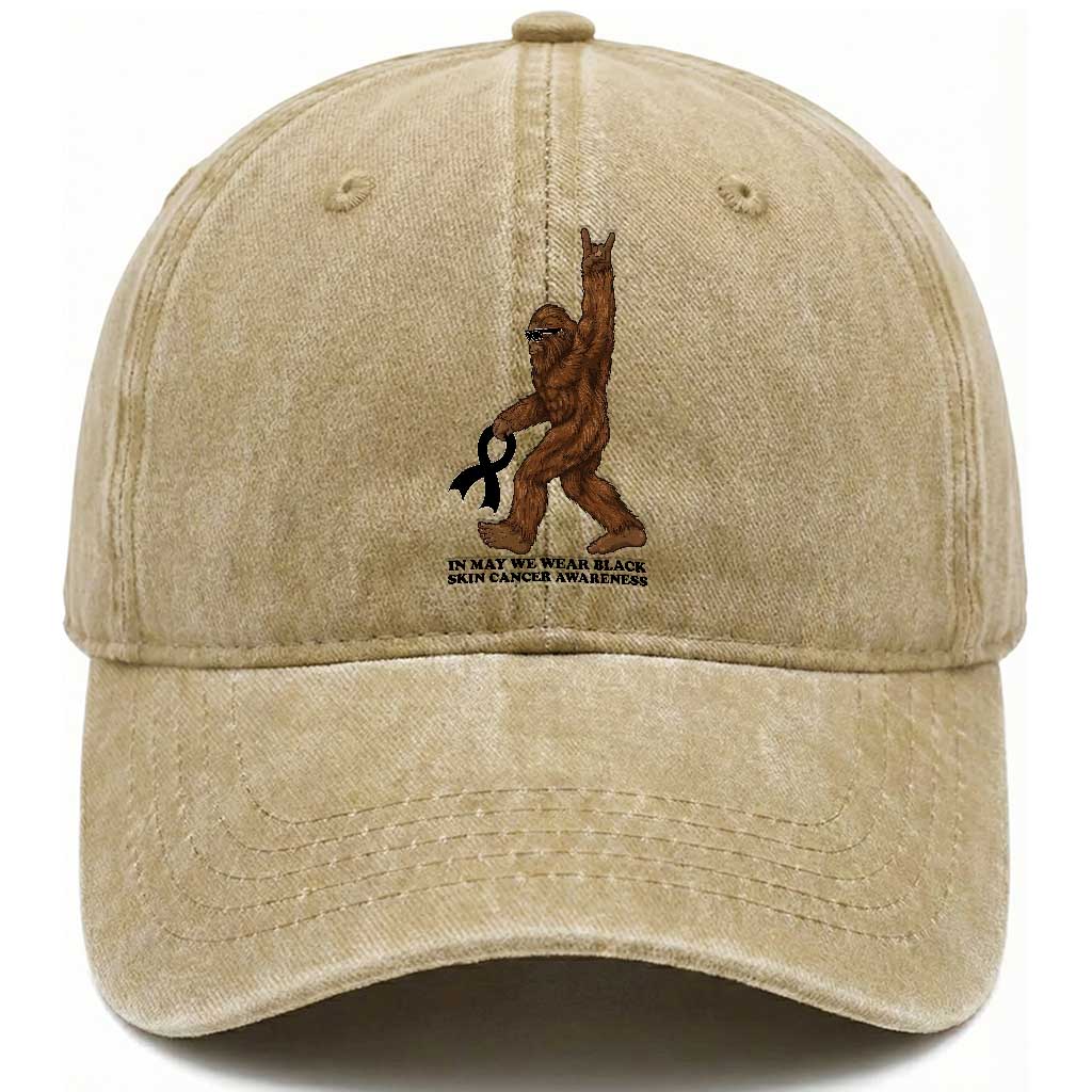 Funny Bigfoot Skin Cancer Support Washed Cotton Baseball Cap In May We Wear Black TS12 Print Your Wear