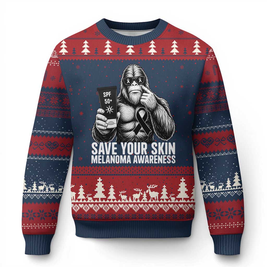 Bigfoot Save Your Skin Ugly Christmas Sweater Melanoma Warrior Support TS12 Navy Red Print Your Wear