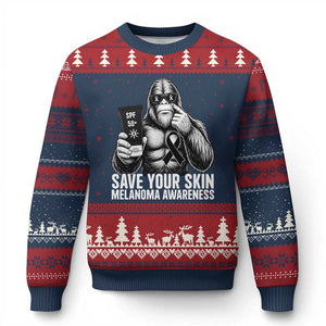 Bigfoot Save Your Skin Ugly Christmas Sweater Melanoma Warrior Support TS12 Navy Red Print Your Wear
