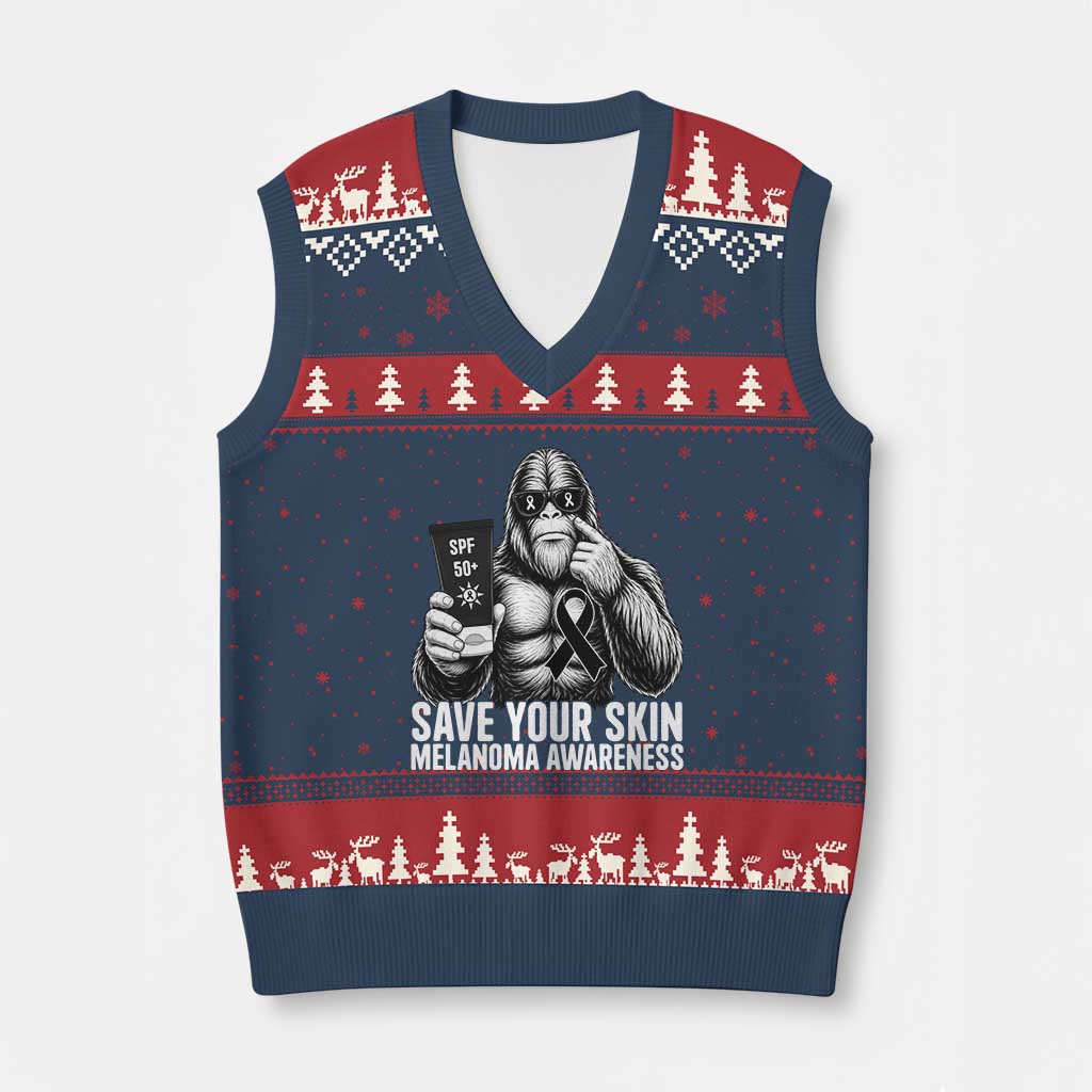 Bigfoot Save Your Skin V-Neck Knit Sweater Vest Melanoma Warrior Support TS12 Navy Red Print Your Wear