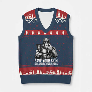 Bigfoot Save Your Skin V-Neck Knit Sweater Vest Melanoma Warrior Support TS12 Navy Red Print Your Wear