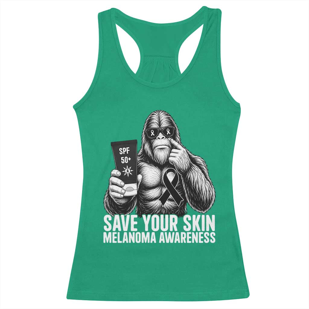 Bigfoot Save Your Skin Racerback Tank Top Melanoma Warrior Support TS12 Irish Green Print Your Wear