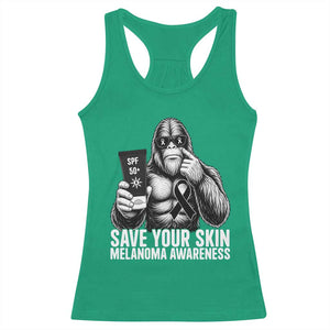 Bigfoot Save Your Skin Racerback Tank Top Melanoma Warrior Support TS12 Irish Green Print Your Wear