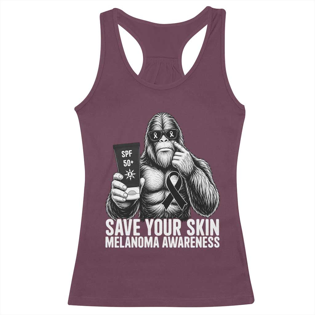 Bigfoot Save Your Skin Racerback Tank Top Melanoma Warrior Support TS12 Maroon Print Your Wear