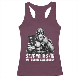 Bigfoot Save Your Skin Racerback Tank Top Melanoma Warrior Support TS12 Maroon Print Your Wear