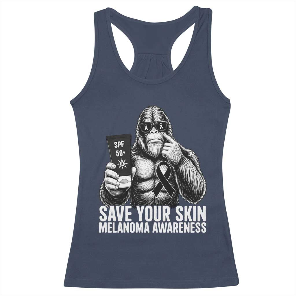 Bigfoot Save Your Skin Racerback Tank Top Melanoma Warrior Support TS12 Navy Print Your Wear
