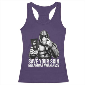 Bigfoot Save Your Skin Racerback Tank Top Melanoma Warrior Support TS12 Purple Print Your Wear