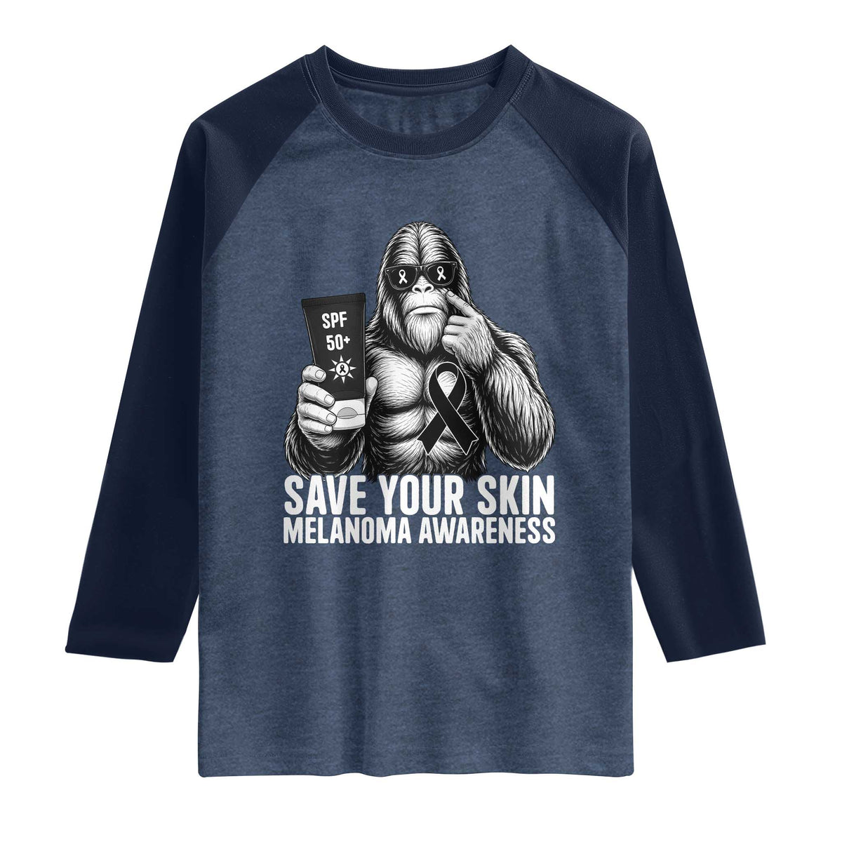 Bigfoot Save Your Skin Raglan Shirt Melanoma Warrior Support TS12 Heather Denim Navy Print Your Wear