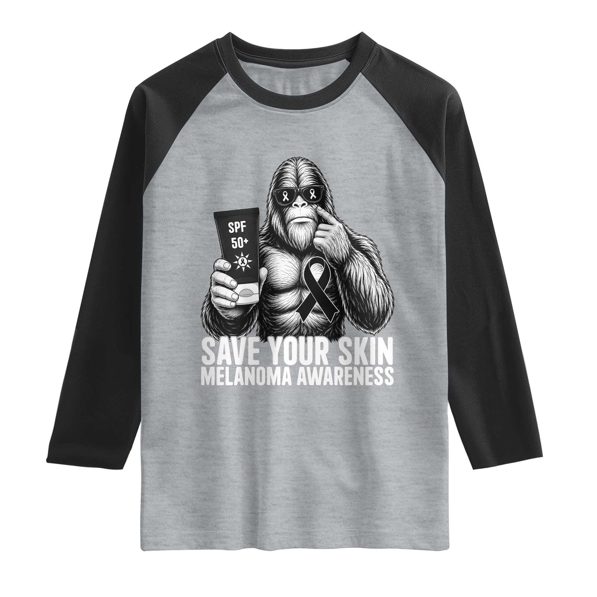 Bigfoot Save Your Skin Raglan Shirt Melanoma Warrior Support TS12 Heather Gray Black Print Your Wear