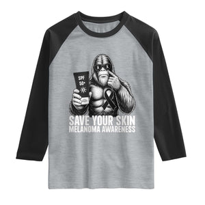 Bigfoot Save Your Skin Raglan Shirt Melanoma Warrior Support TS12 Heather Gray Black Print Your Wear