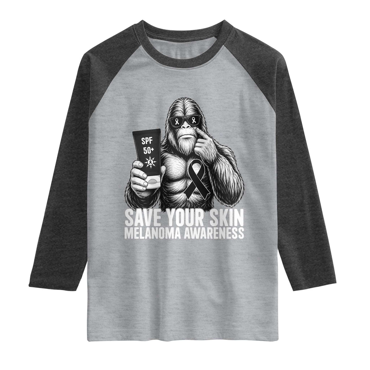 Bigfoot Save Your Skin Raglan Shirt Melanoma Warrior Support TS12 Heather Gray Heather Charcoal Print Your Wear