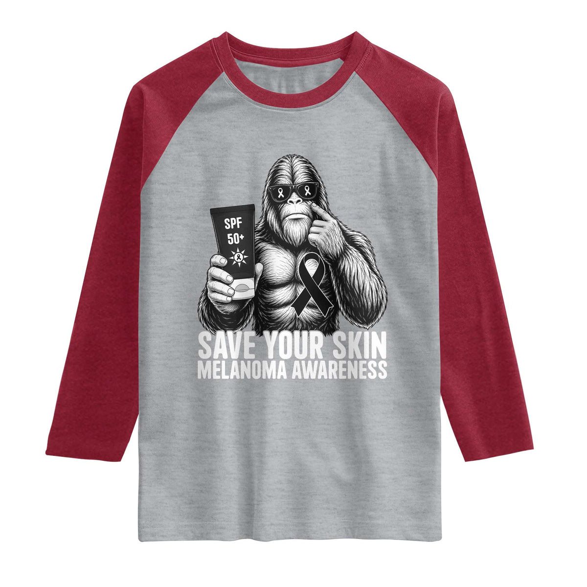 Bigfoot Save Your Skin Raglan Shirt Melanoma Warrior Support TS12 Heather Gray Heather Red Print Your Wear