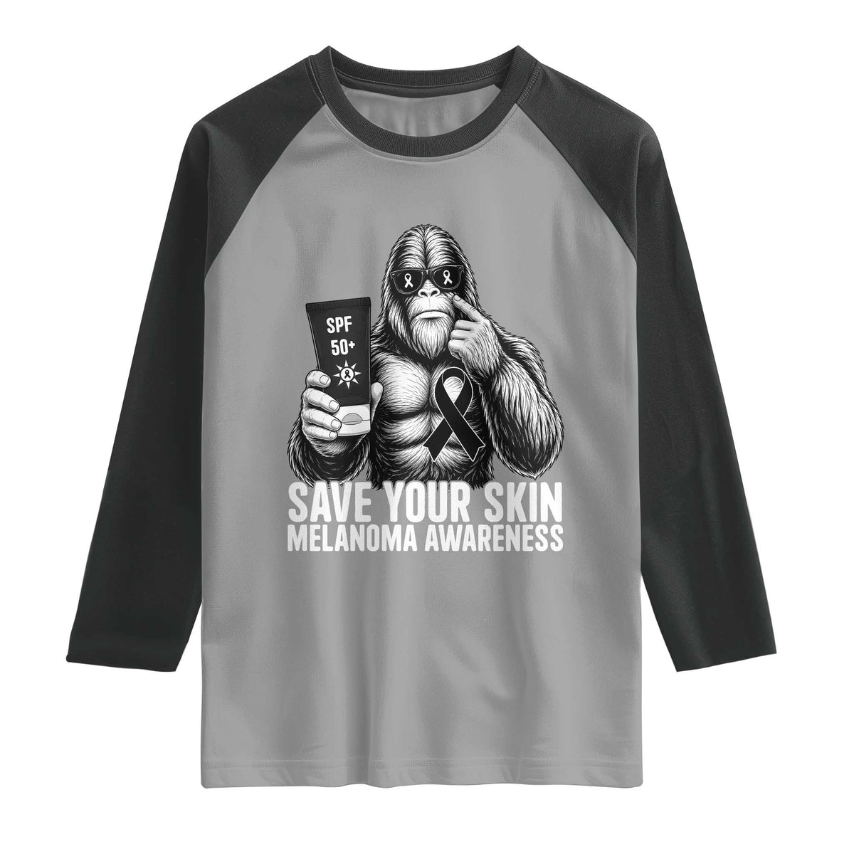 Bigfoot Save Your Skin Raglan Shirt Melanoma Warrior Support TS12 Sport Gray Black Print Your Wear