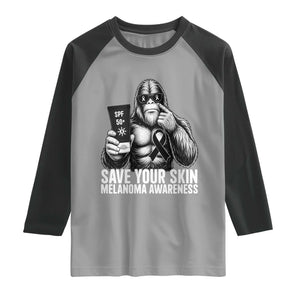 Bigfoot Save Your Skin Raglan Shirt Melanoma Warrior Support TS12 Sport Gray Black Print Your Wear