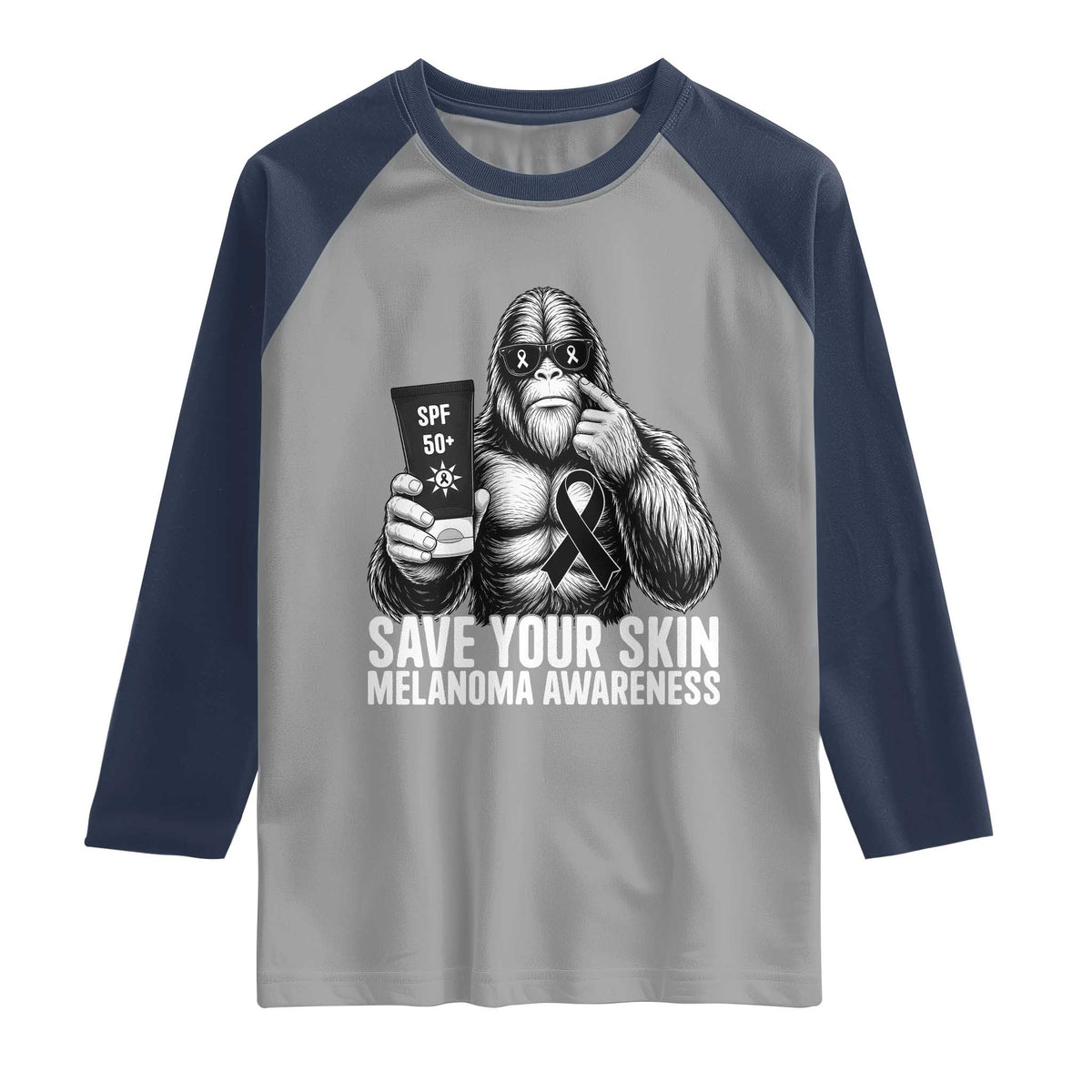 Bigfoot Save Your Skin Raglan Shirt Melanoma Warrior Support TS12 Sport Gray Navy Print Your Wear