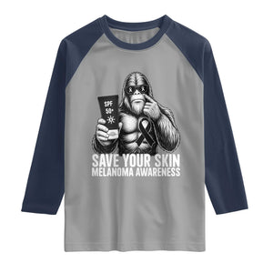 Bigfoot Save Your Skin Raglan Shirt Melanoma Warrior Support TS12 Sport Gray Navy Print Your Wear