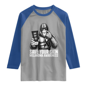 Bigfoot Save Your Skin Raglan Shirt Melanoma Warrior Support TS12 Sport Gray Royal Print Your Wear