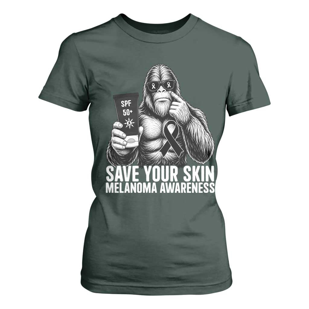 Bigfoot Save Your Skin T Shirt For Women Melanoma Warrior Support TS12 Dark Forest Green Print Your Wear