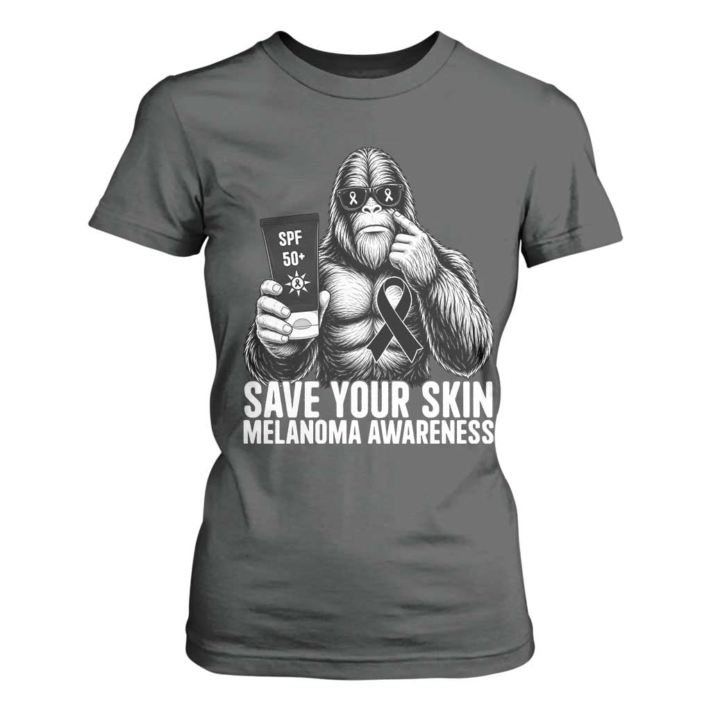 Bigfoot Save Your Skin T Shirt For Women Melanoma Warrior Support TS12 Dark Heather Print Your Wear
