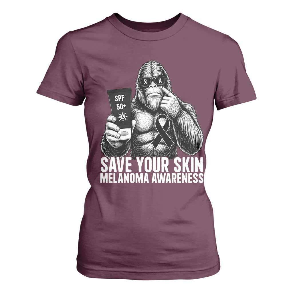 Bigfoot Save Your Skin T Shirt For Women Melanoma Warrior Support TS12 Maroon Print Your Wear