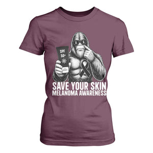 Bigfoot Save Your Skin T Shirt For Women Melanoma Warrior Support TS12 Maroon Print Your Wear