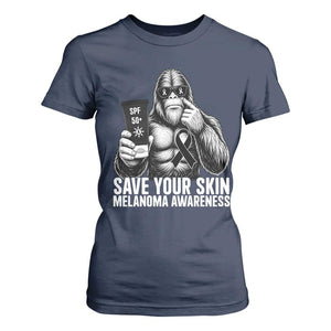 Bigfoot Save Your Skin T Shirt For Women Melanoma Warrior Support TS12 Navy Print Your Wear