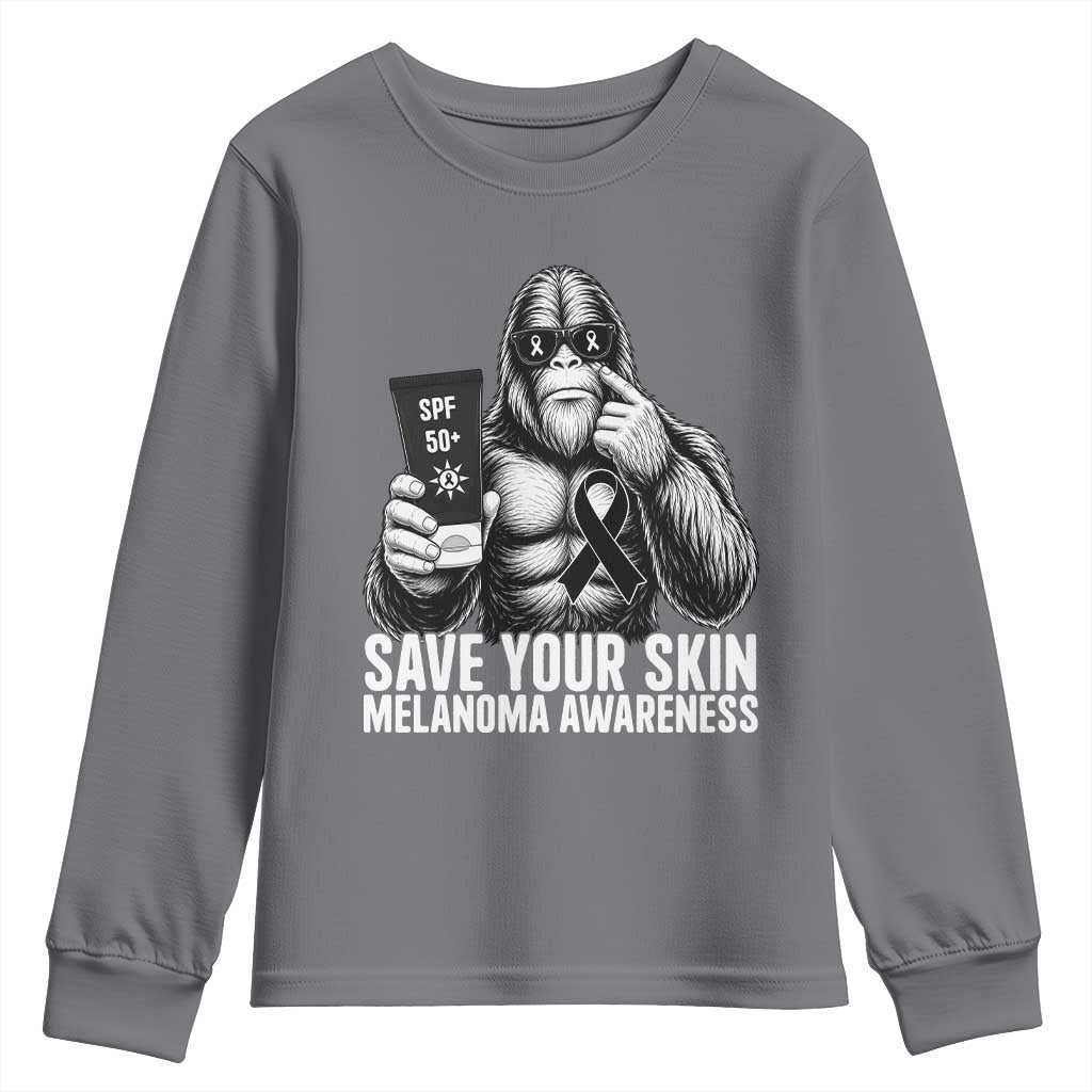 Bigfoot Save Your Skin Youth Sweatshirt Melanoma Warrior Support TS12 Charcoal Print Your Wear