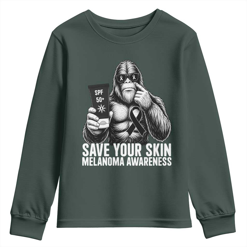 Bigfoot Save Your Skin Youth Sweatshirt Melanoma Warrior Support TS12 Dark Forest Green Print Your Wear