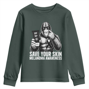 Bigfoot Save Your Skin Youth Sweatshirt Melanoma Warrior Support TS12 Dark Forest Green Print Your Wear