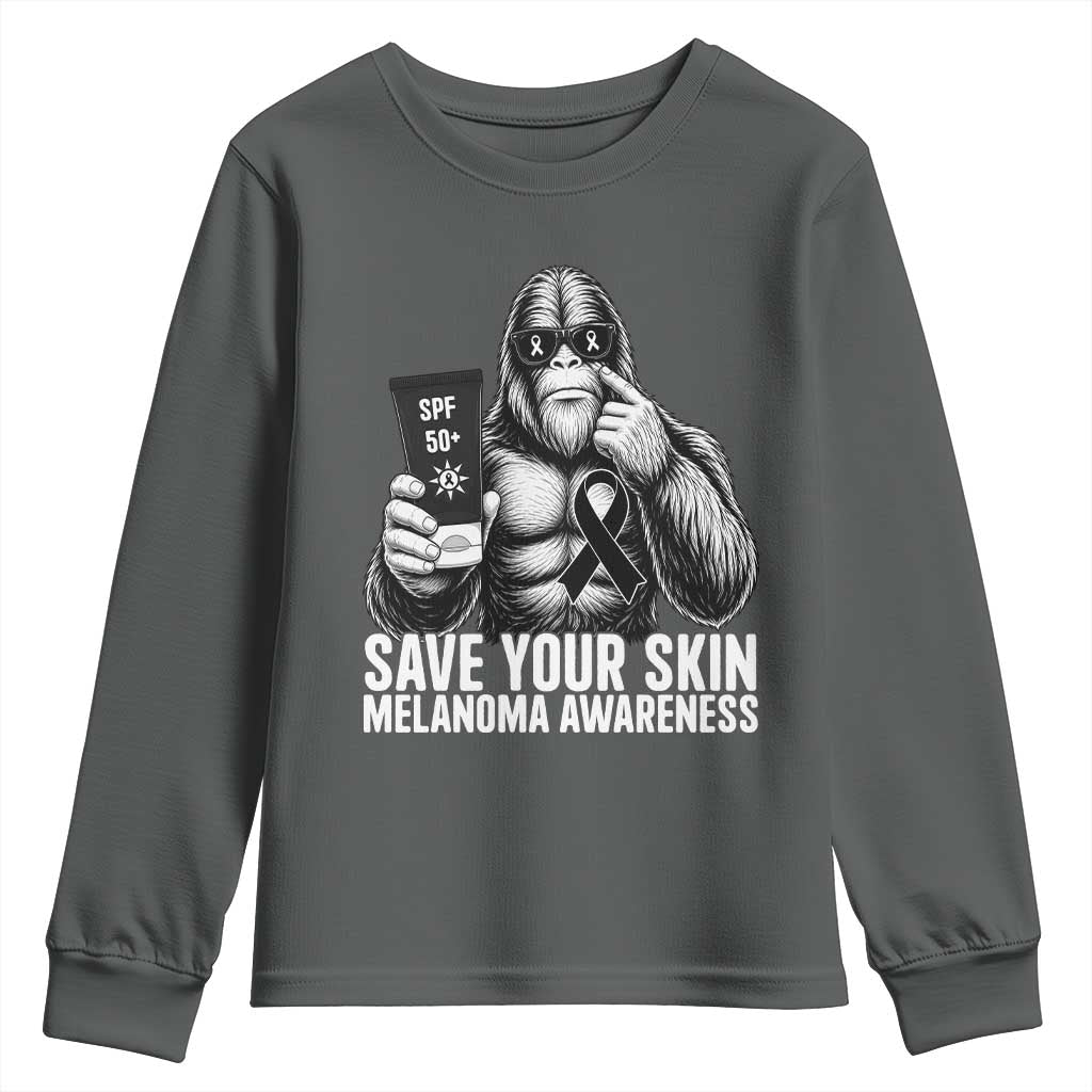 Bigfoot Save Your Skin Youth Sweatshirt Melanoma Warrior Support TS12 Dark Heather Print Your Wear