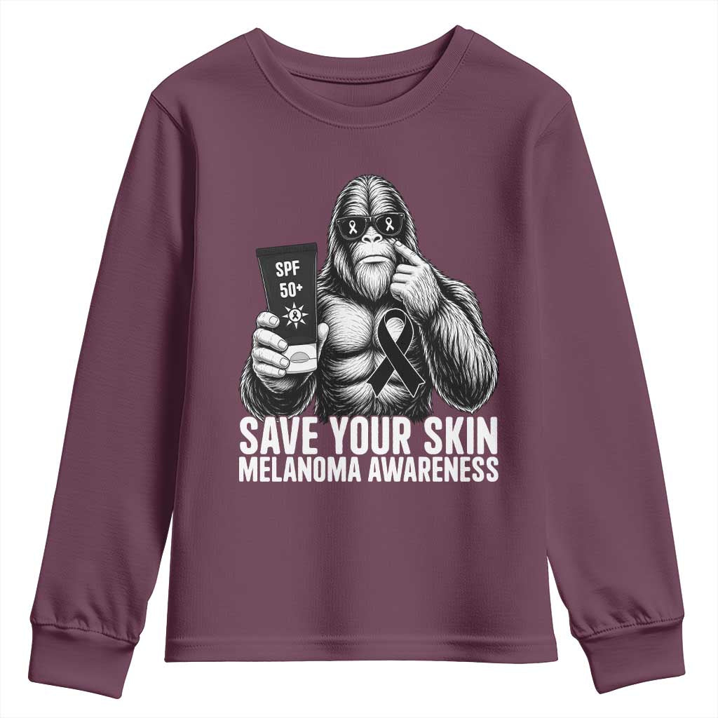 Bigfoot Save Your Skin Youth Sweatshirt Melanoma Warrior Support TS12 Maroon Print Your Wear