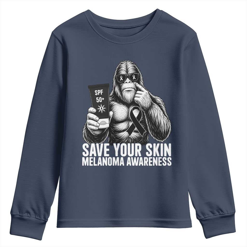Bigfoot Save Your Skin Youth Sweatshirt Melanoma Warrior Support TS12 Navy Print Your Wear