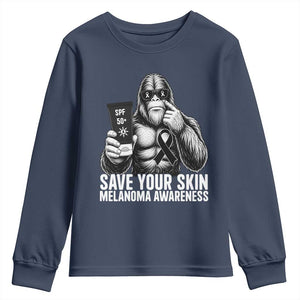 Bigfoot Save Your Skin Youth Sweatshirt Melanoma Warrior Support TS12 Navy Print Your Wear