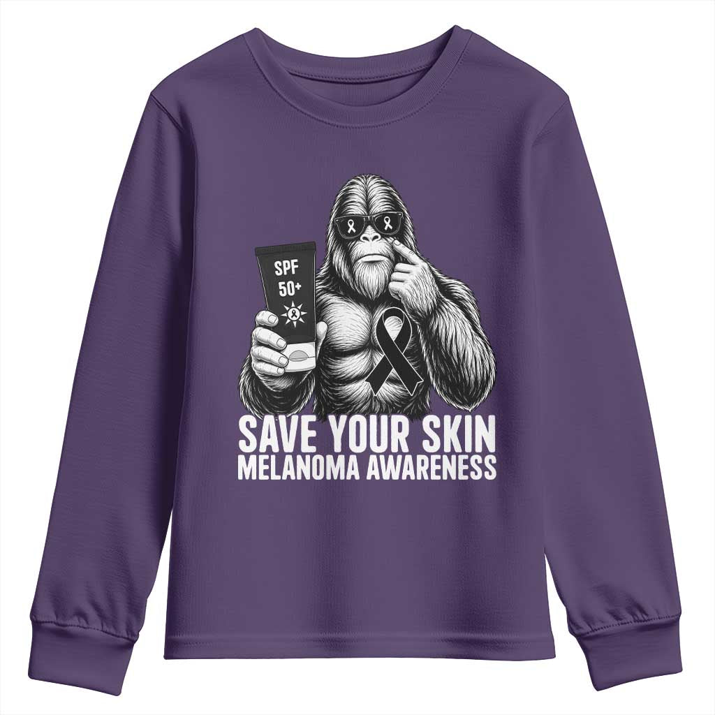 Bigfoot Save Your Skin Youth Sweatshirt Melanoma Warrior Support TS12 Purple Print Your Wear
