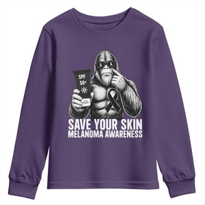 Bigfoot Save Your Skin Youth Sweatshirt Melanoma Warrior Support TS12 Purple Print Your Wear