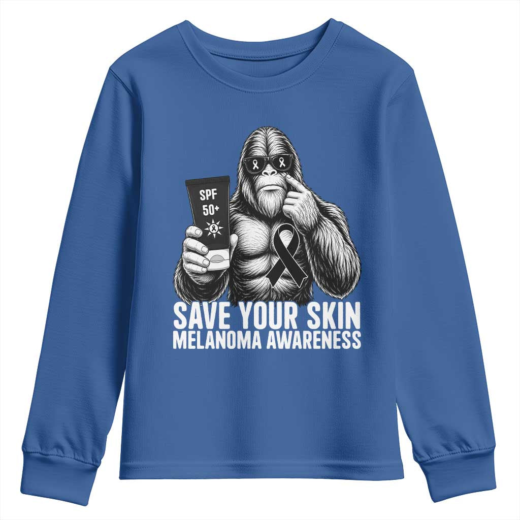 Bigfoot Save Your Skin Youth Sweatshirt Melanoma Warrior Support TS12 Royal Blue Print Your Wear