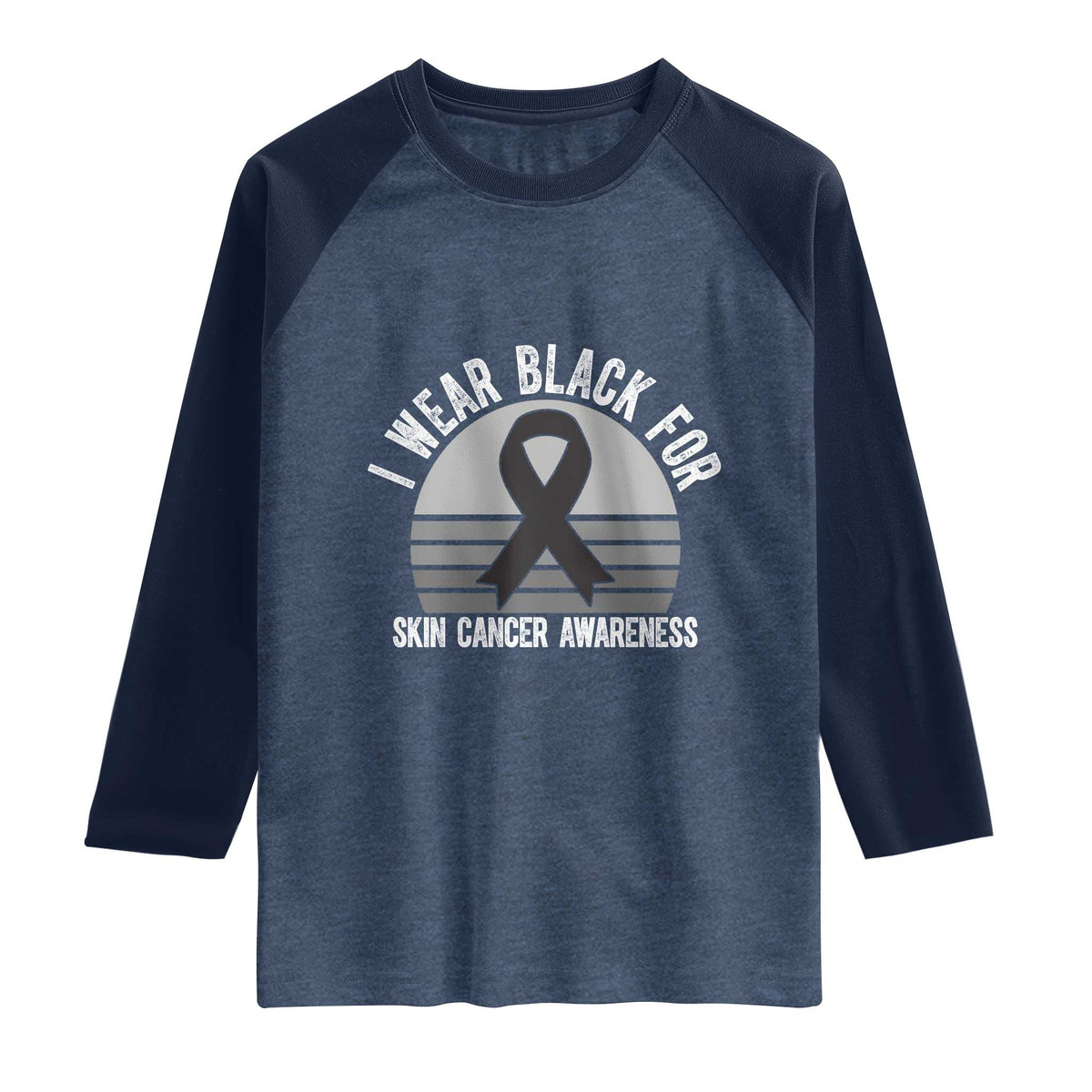 I Wear Black For Skin Cancer Awareness Raglan Shirt Retro Vintage Sunset TS12 Heather Denim Navy Print Your Wear