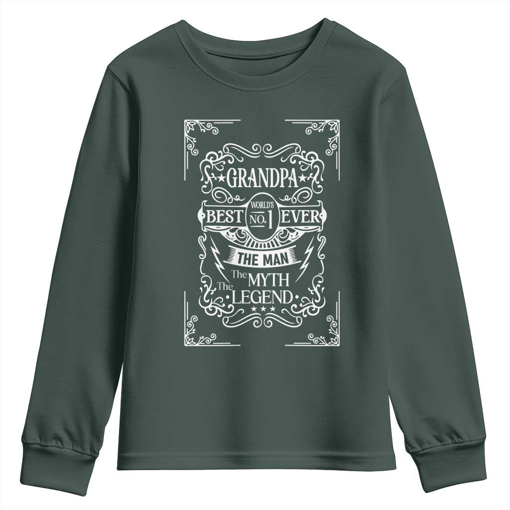 Vintage Fathers Day Gift For Grandpa Youth Sweatshirt The Man The Myth The Legend TS12 Dark Forest Green Print Your Wear