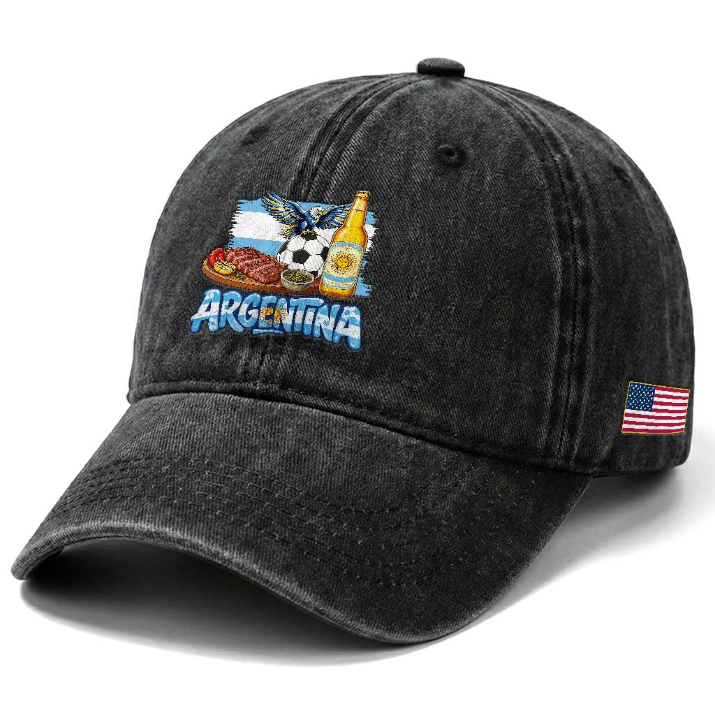 Argentine Pride Soccer And Beer Washed Cotton Baseball Cap Football Fan Graphic
