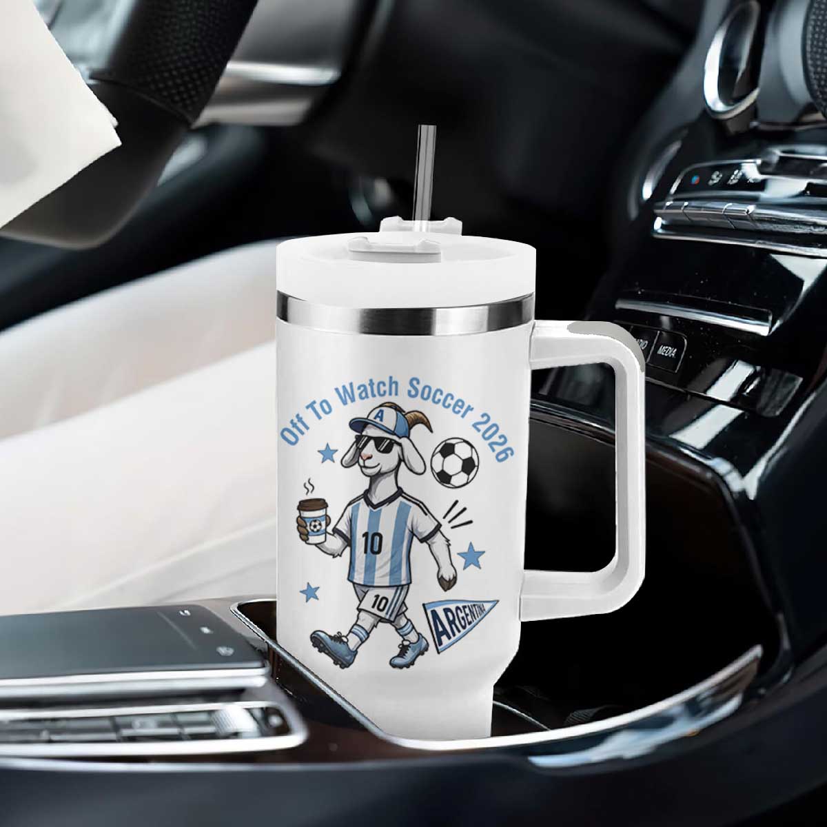 Funny Goat Football Lover Tumbler With Handle Off To Watch Argentina Soccer 2026
